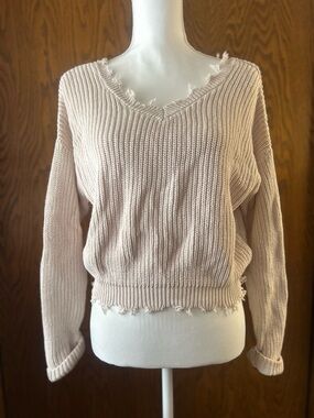 Jessica Simpson Frayed V-Neck Knit Sweater